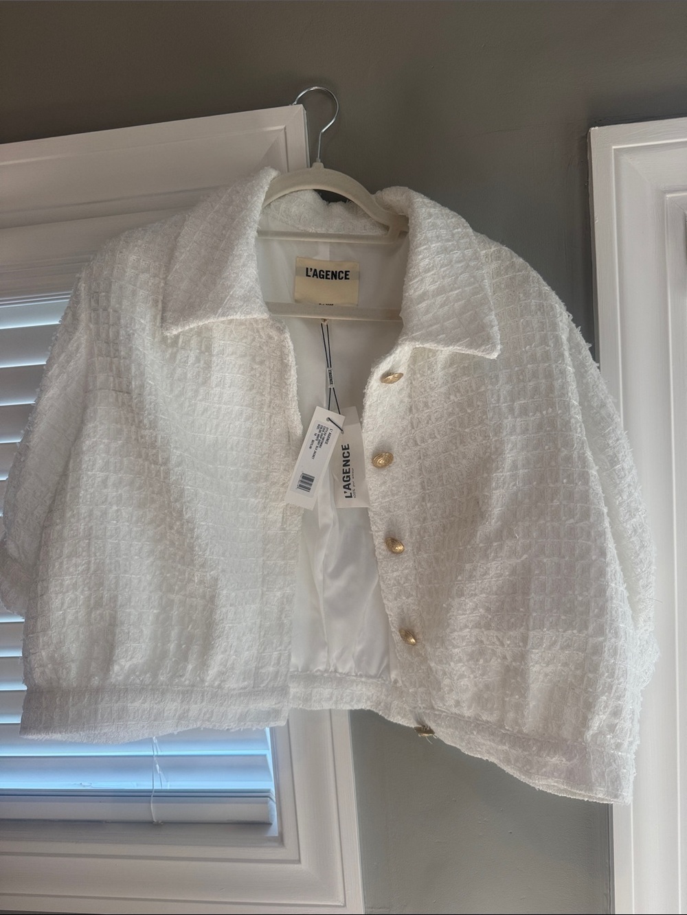 L'AGENCE White Tweed Boxy Cropped Blazer with Gold Buttons